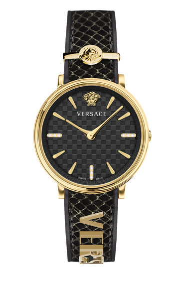 Versace Herren Armbanduhr V-Circle 38 mm Versace-Schriftzug auf dem Armband Armband Leder VE8103219